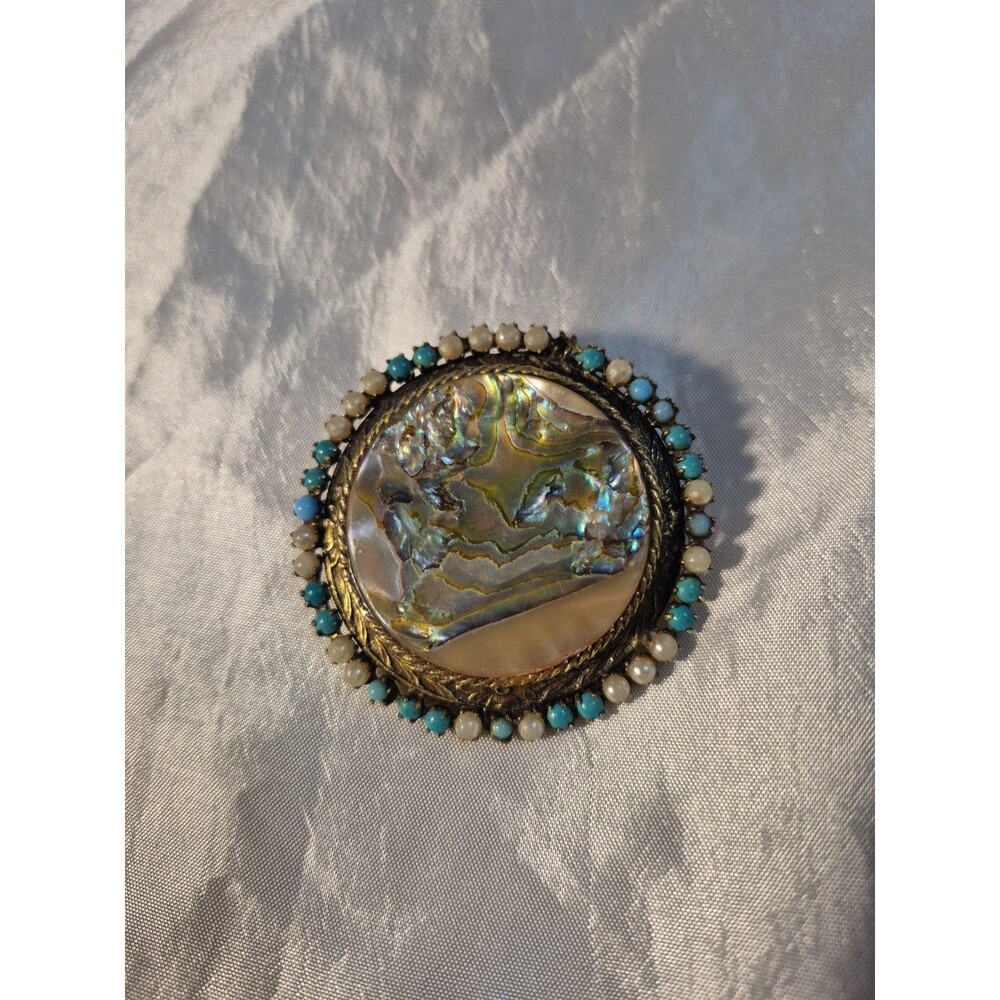VTG Original By Robert Abalone Shell, Turquoise Bead Accents Pendant Or Brooch